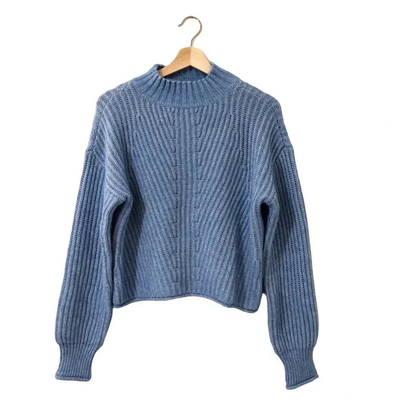 SO Cropped Mock Neck Balloon  Sleeves Knit Sweater Soft Blue Size S Cozy Casual - Picture 1 of 5